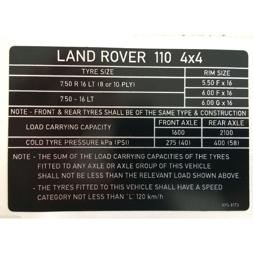 Land Rover Perentie Tyre Data Decal 
